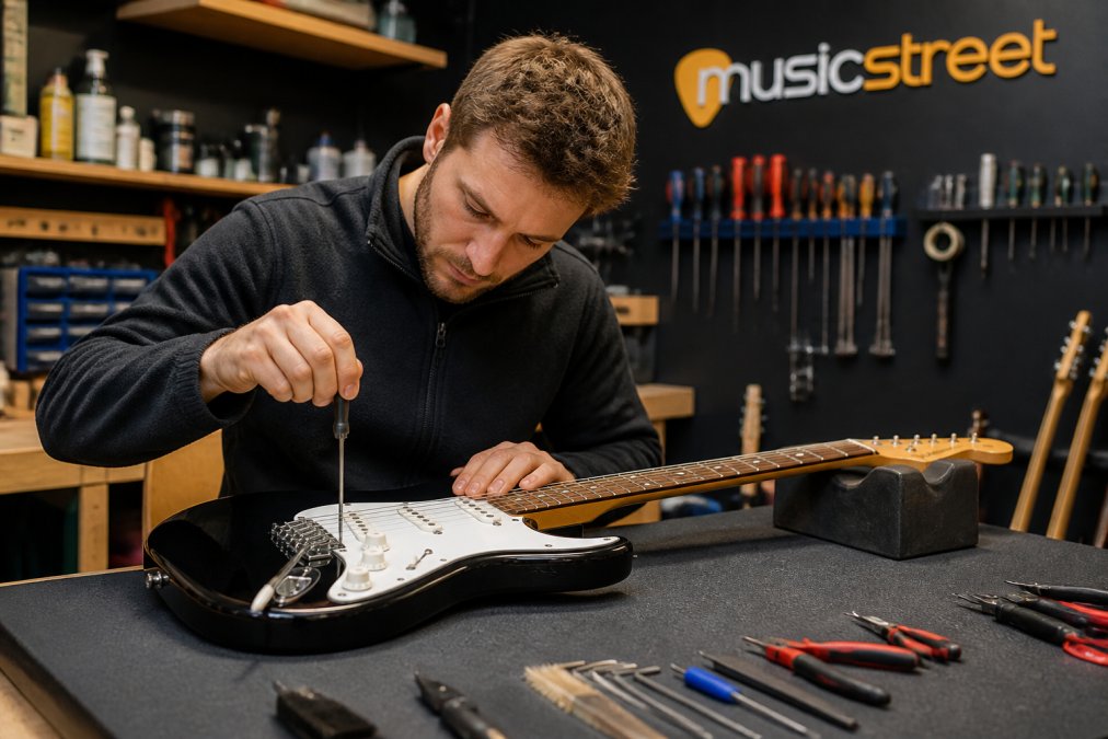 A skilled guitar technician in a well-equipped workshop adjusting the action on an electric guitar, with tools and a setup mat visible on the bench
