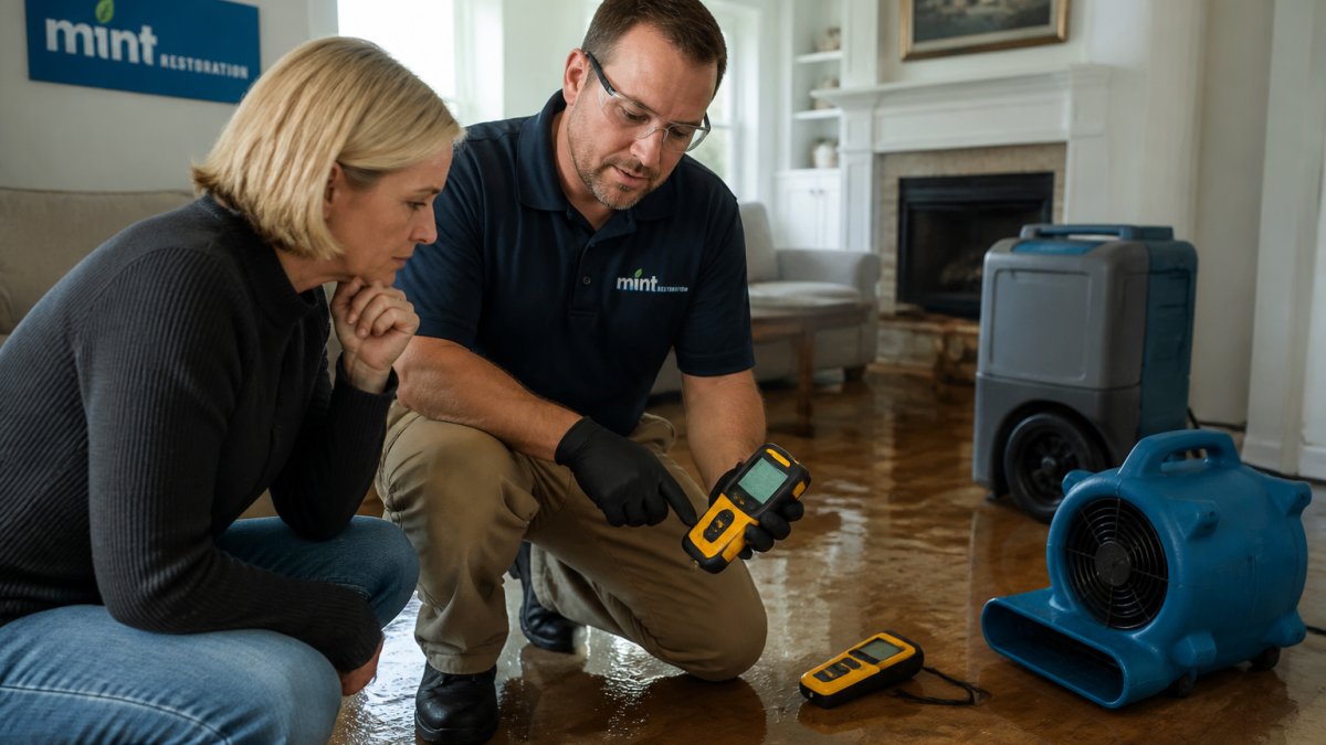A homeowner and a restoration technician in safety gear reviewing water damage in a residential living room, with moisture meters and drying equipment visible in the background