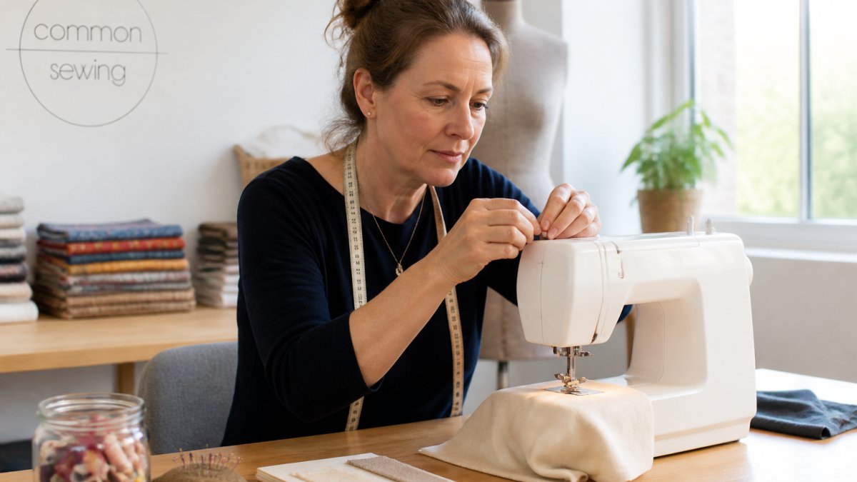 Focused adult student threading a sewing machine during sewing classes for adults in a bright studio.