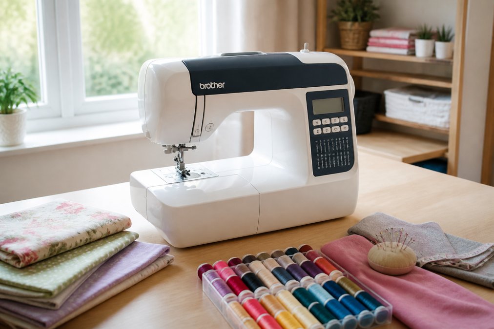 A clean, bright sewing table setup with a modern Brother sewing machine in the foreground, neatly arranged threads and fabric swatches nearby, soft natural light from a window in a home craft room