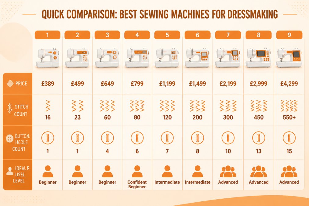 Feature comparison matrix of nine dressmaking machines showing price from £389 to £4,299, stitch counts from 16 to 550+, buttonhole counts, and ideal user level from beginner to advanced