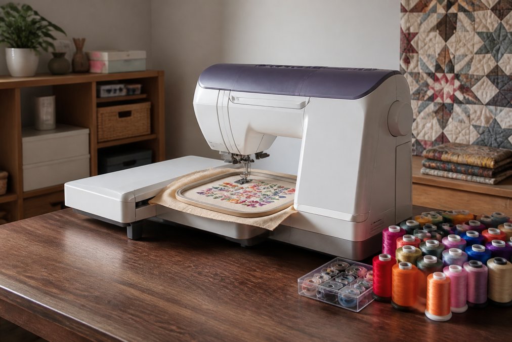 A close-up of a modern combination sewing and embroidery machine on a wooden worktable, with a colorful embroidered fabric hoop in place and spools of thread arranged nearby in a bright home studio