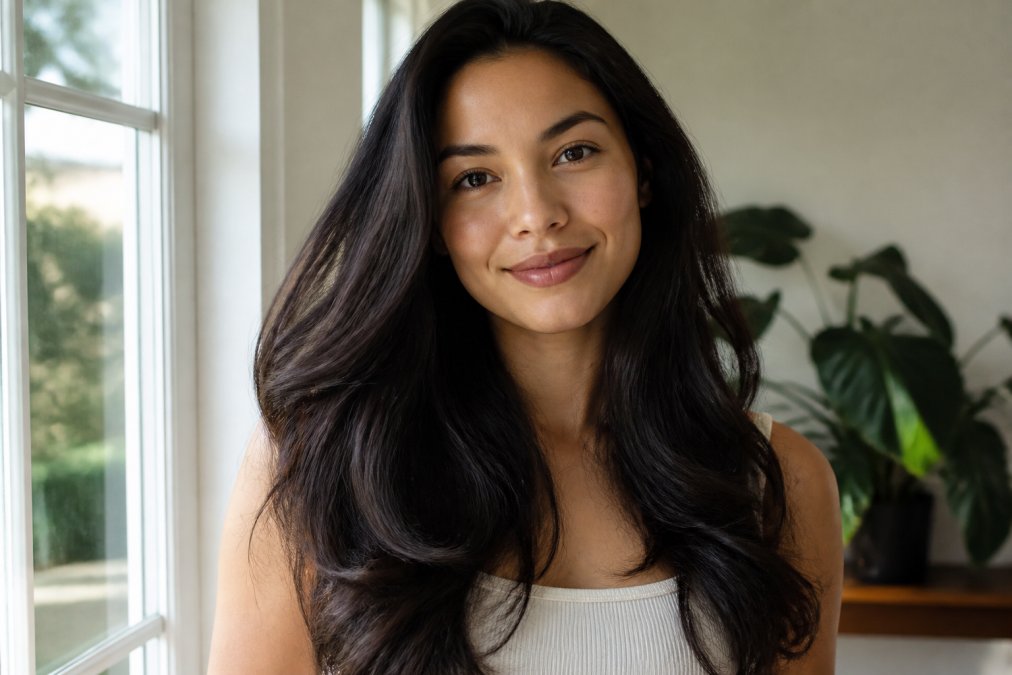 Woman with visibly thick, healthy hair with natural shine and volume, standing in natural daylight near a window, demonstrating full, lustrous hair texture