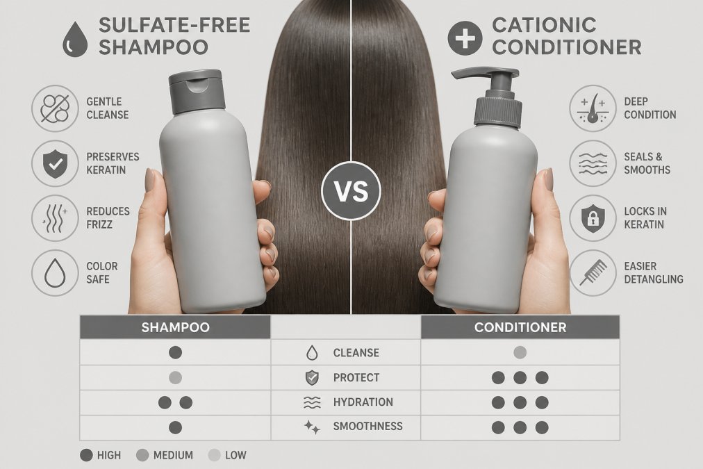 Close-up of hands comparing a sulfate-free shampoo and a cationic conditioner side by side, with smooth treated hair in the background