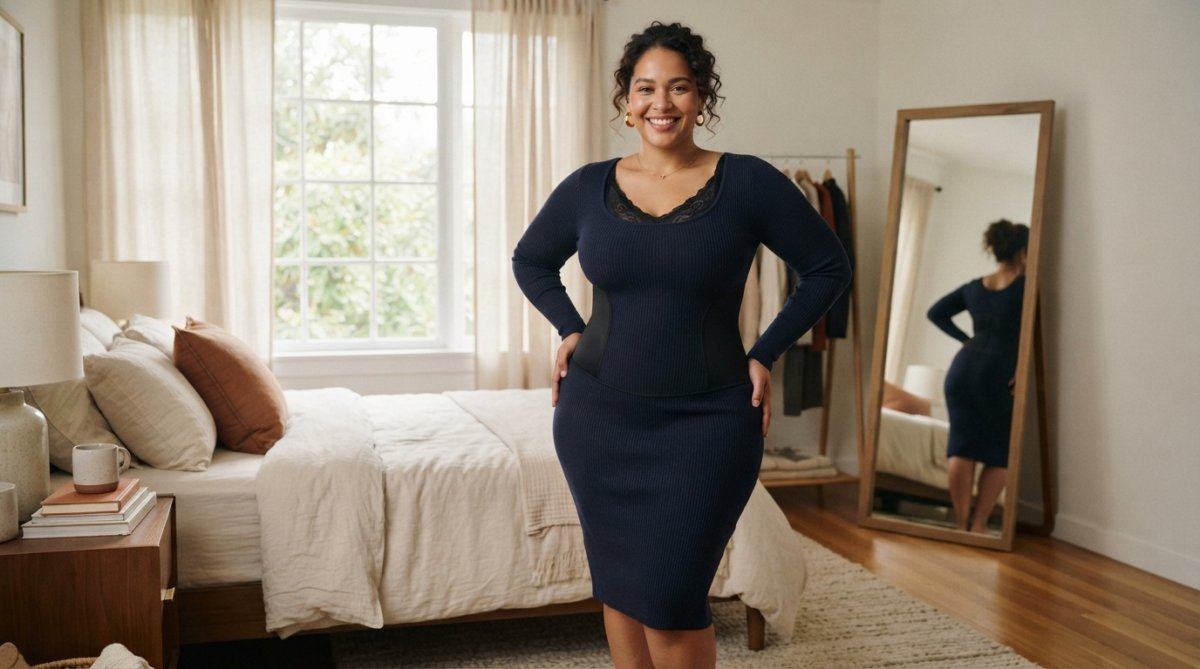 A plus-size woman with an hourglass figure wearing a black bodysuit shaper under a fitted dress, smiling confidently in a bright bedroom setting