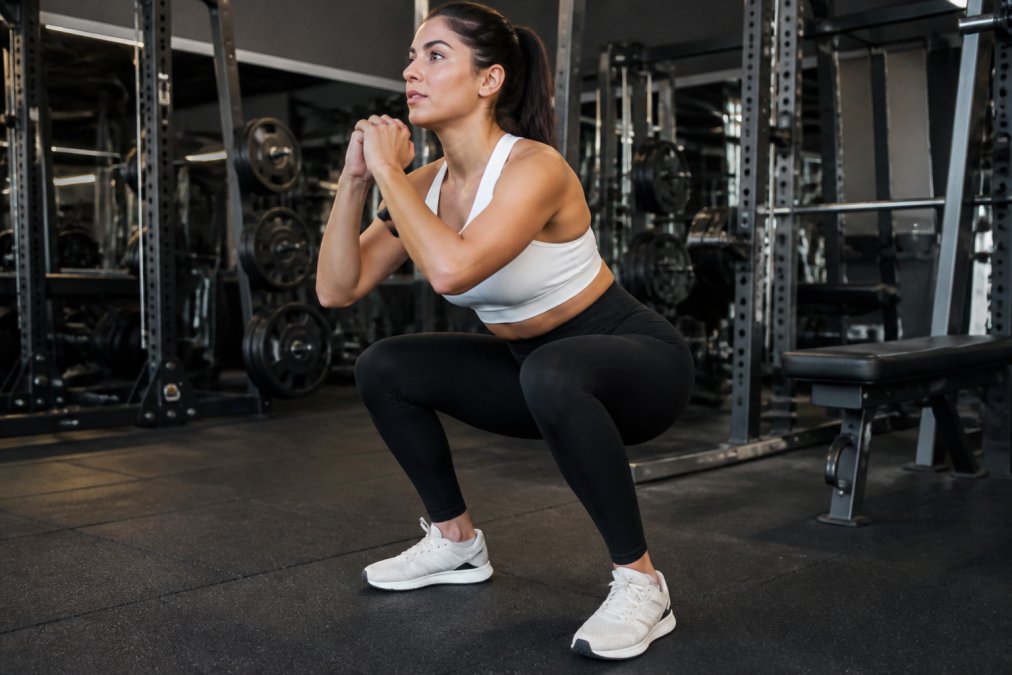 A woman in high-waisted black compression leggings performing a deep squat in a well-lit gym, the waistband sitting flush against her torso with no rolling, fabric remaining fully opaque under bright overhead lighting