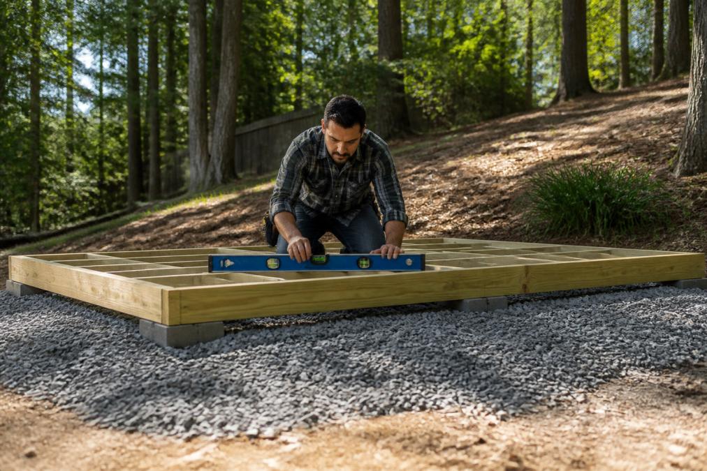 A homeowner using a bubble level on a pressure-treated wooden skid frame for a shed foundation on a gently sloping backyard, with a gravel base visible in the foreground and trees in soft afternoon light