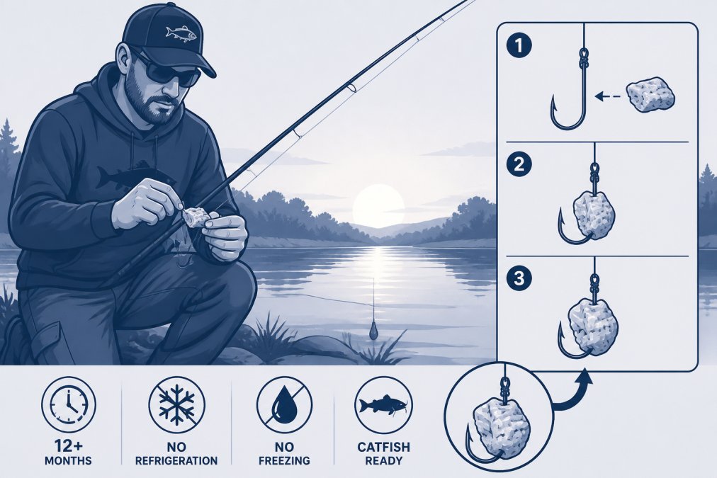 Experienced angler standing at a riverbank during golden hour, demonstrating proper bait application by threading a preserved bait chunk onto a catfish hook with a fishing rod in hand, showing the technique clearly