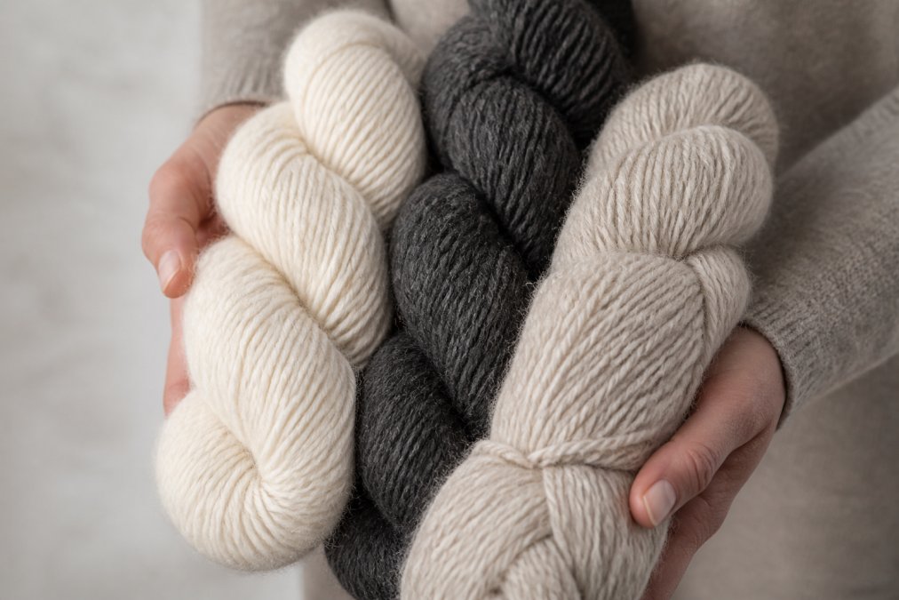 Close-up of hands holding skeins of natural-colored Shetland wool in cream, charcoal, and undyed shades, showing the texture and fiber drape against a neutral background with soft natural lighting