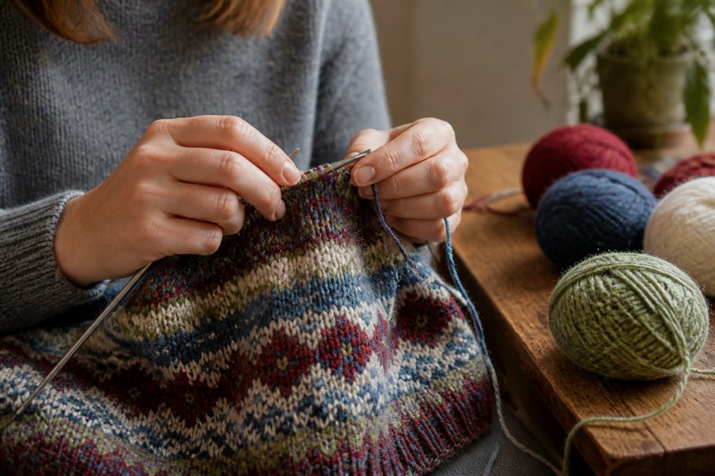 Knitter working on a Fair Isle sweater in progress, showing stranded colorwork technique with multiple colors of Shetland wool on 3mm needles, with natural light illuminating the intricate pattern and stitch detail