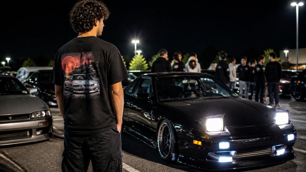 Car enthusiast wearing a graphic tee standing by a modified tuner car at a night meet