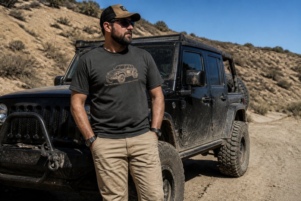 A man in a premium heavyweight graphic tee standing next to a lifted Jeep on a dirt trail, looking rugged and confident with dusty off-road terrain and scrub brush in the background under a clear sky