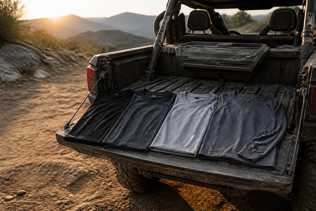 A lineup of heavyweight t-shirts and a long sleeve shirt in black, charcoal, and heather tones laid out on the tailgate of a side-by-side parked on a dusty trail at golden hour