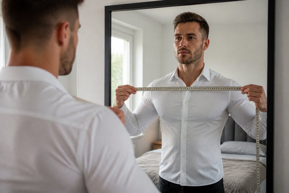 A muscular man in a fitted white shirt standing in front of a mirror, holding a soft tape measure across the widest point of his shoulders, photographed in a bright bedroom with natural light
