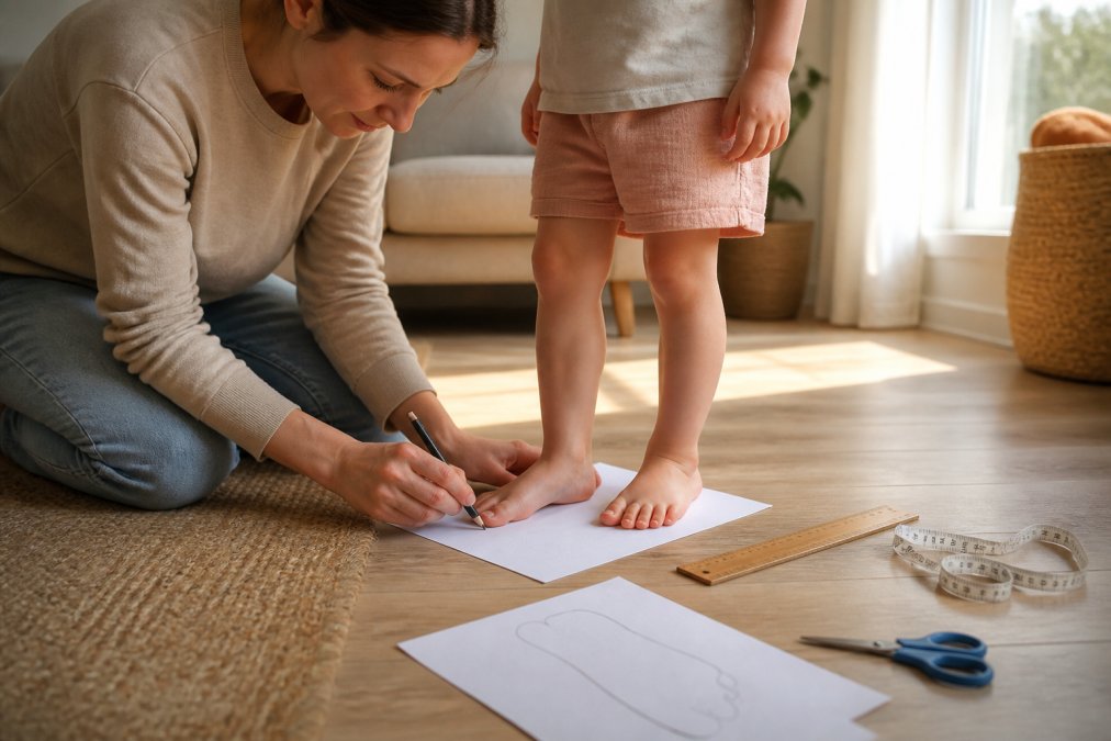 Parent kneeling on the floor to trace a toddler's foot on paper for accurate sizing