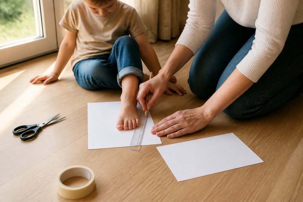 Parent measuring a young child's foot using a ruler and paper on a wooden floor, child sitting barefoot and relaxed, natural daylight from window