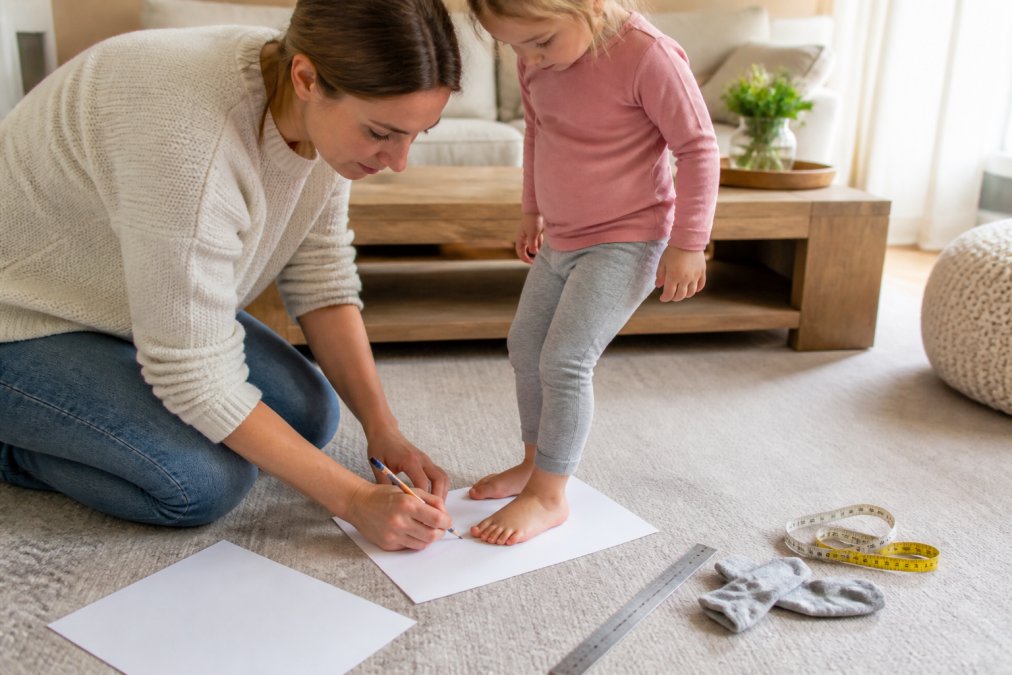 Parent tracing the outline of a child’s wide toddler feet on paper to determine the correct shoe size at home