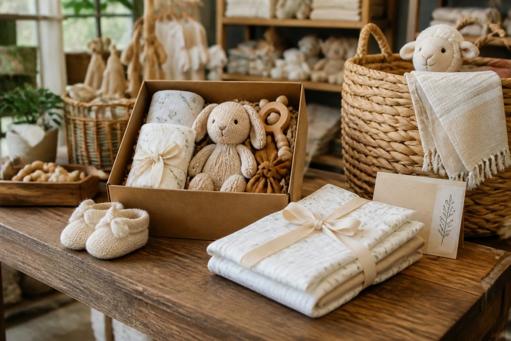 Infographic showing the curated process of assembling unique baby gifts in a neutral-themed nursery display