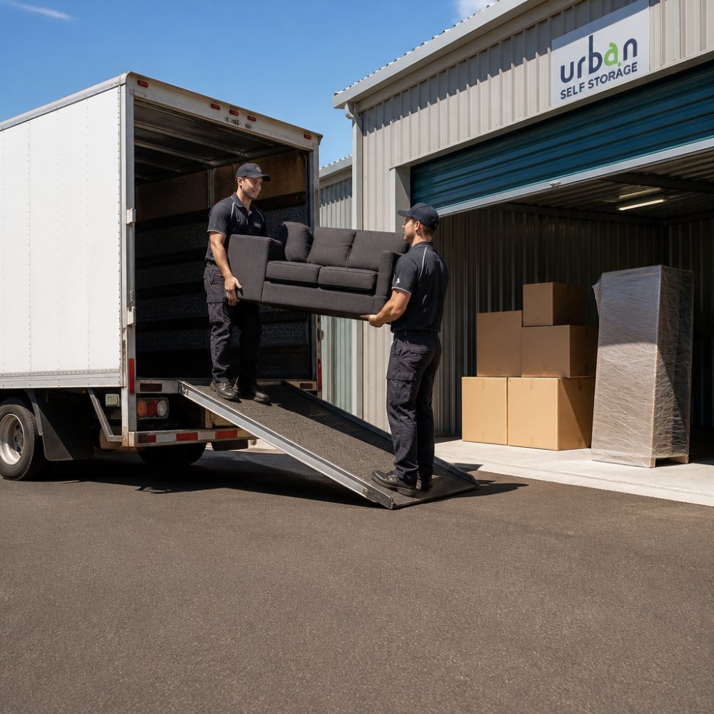 A removalist truck backed up to an open drive-up storage unit, with two movers unloading a sofa and stacked boxes on a sunny afternoon