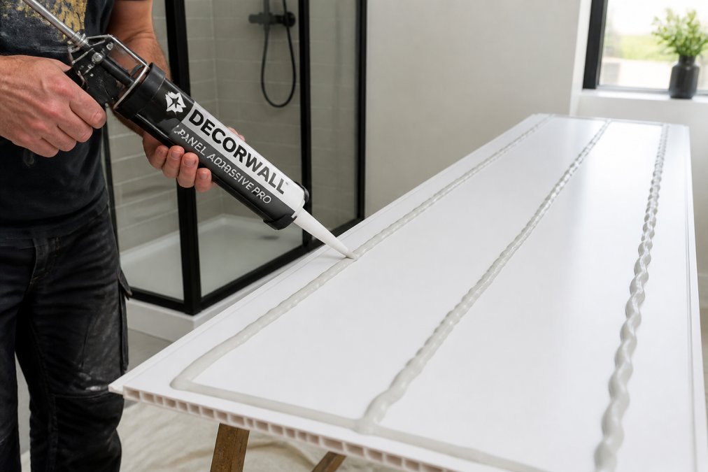 Professional hands applying Decorwall Panel Adhesive Pro with a caulking gun to the back of a white PVC shower panel, showing proper bead pattern in a bright bathroom with natural light