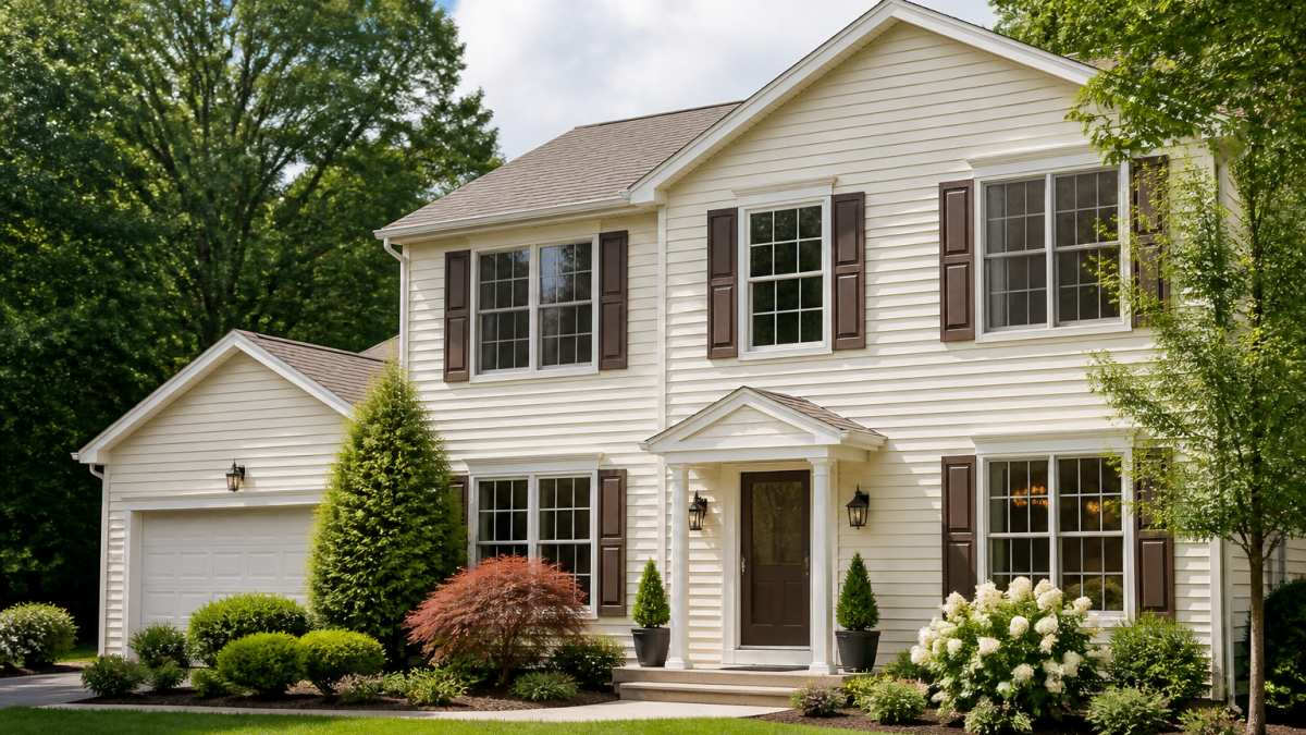 Residential home with warm white vinyl siding, dark brown shutters, and natural landscaping with shrubs and trees creating contrast in natural daylight
