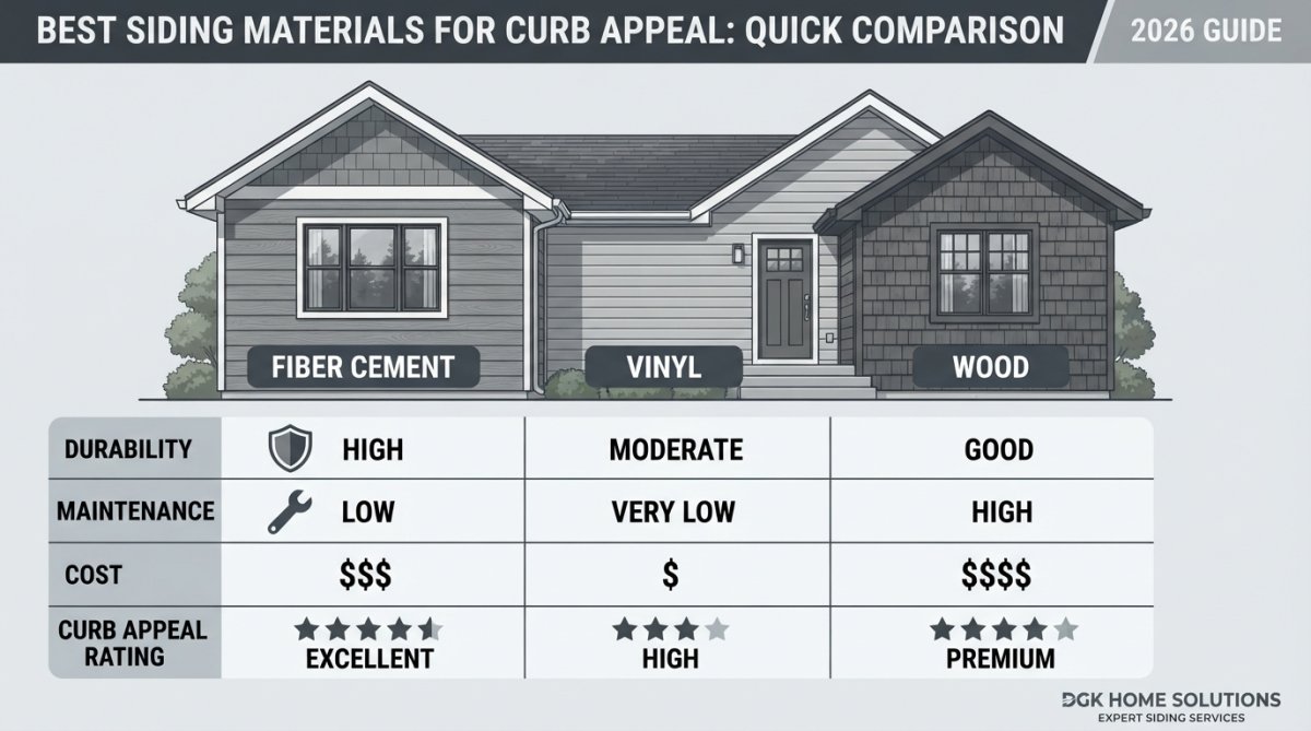 Residential home exterior showing multiple siding materials side by side, fiber cement, vinyl, and wood sections visible on different walls, demonstrating color, texture, and visual differences in natural daylight