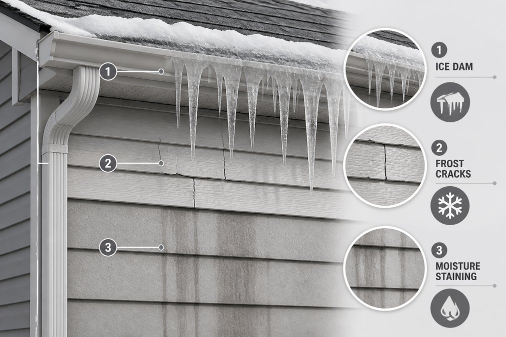 Close-up photograph of residential home exterior showing ice dam damage with icicles hanging from gutters, frost cracks visible in siding panels, and moisture staining on vinyl and fiber cement sections during winter conditions