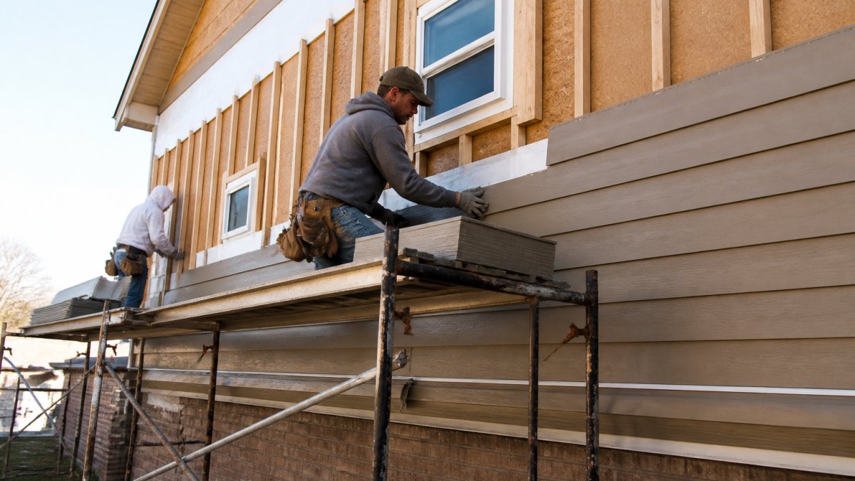 Professional contractor team installing new vinyl siding on residential home exterior with scaffolding and quality materials visible in afternoon sunlight