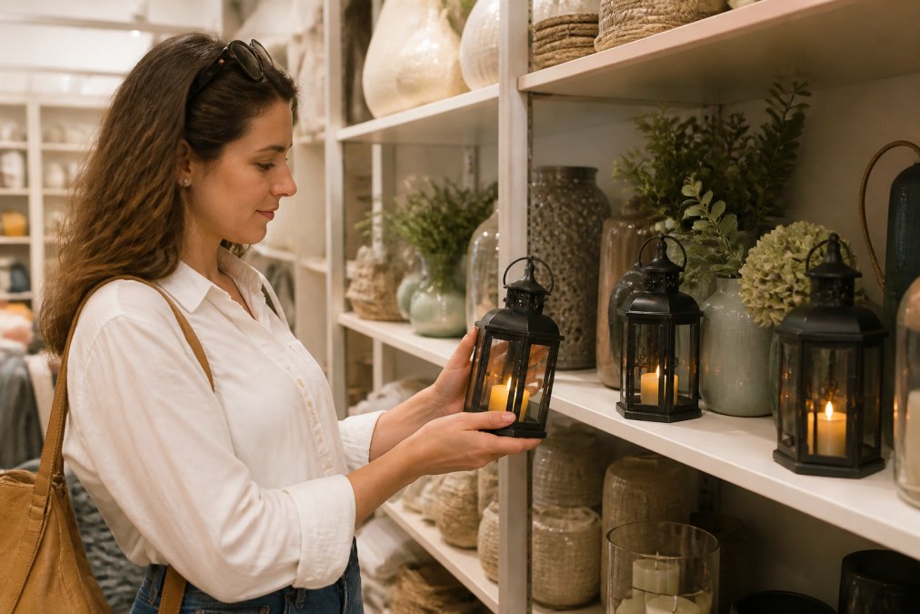 Woman browsing home decor items in a bright retail environment, examining candle holders and decorative pieces on shelves with warm lighting
