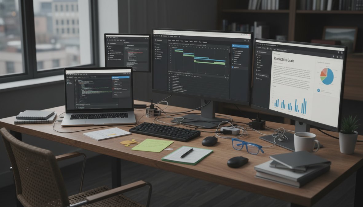 A person looking stressed and overwhelmed by multiple computer screens
