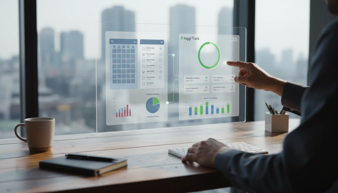 Feature overview showing time and tracking and toggl concepts for signs you're wasting time with separate tools