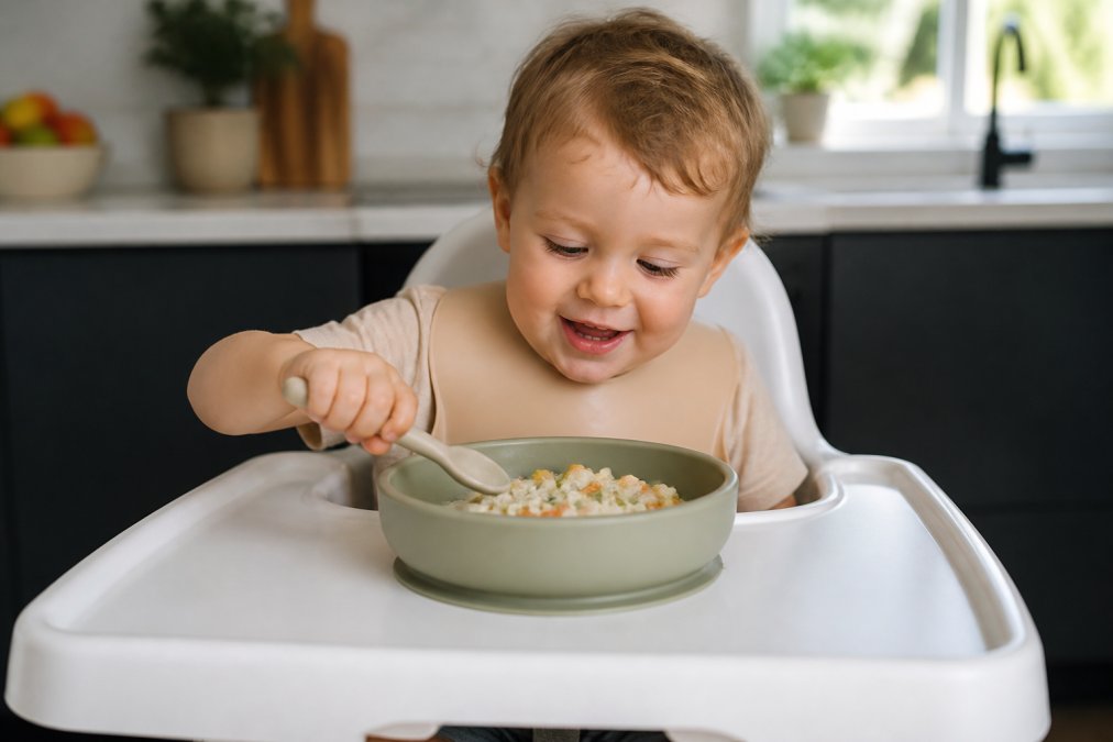 A happy toddler in a highchair at a bright kitchen table, successfully scooping food with a soft silicone spoon from a suction bowl that stays stuck to the tray