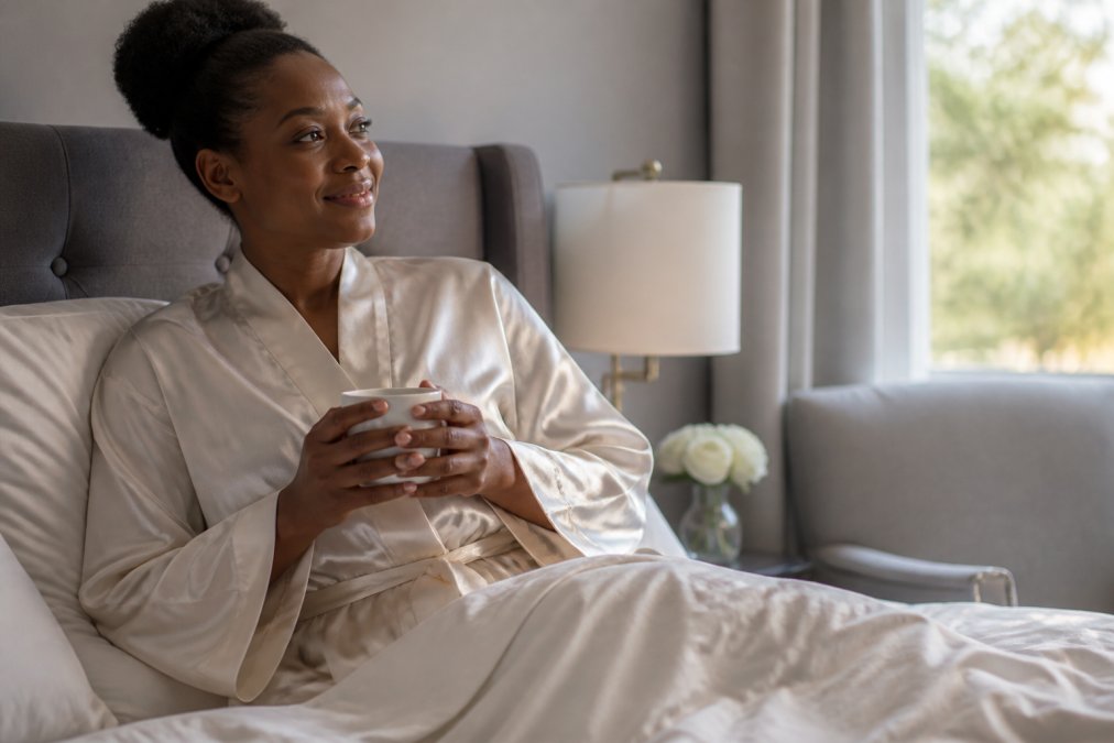 Woman in a luxury silk robe, relaxed in bed during early morning light, looking comfortable and peaceful with soft natural lighting