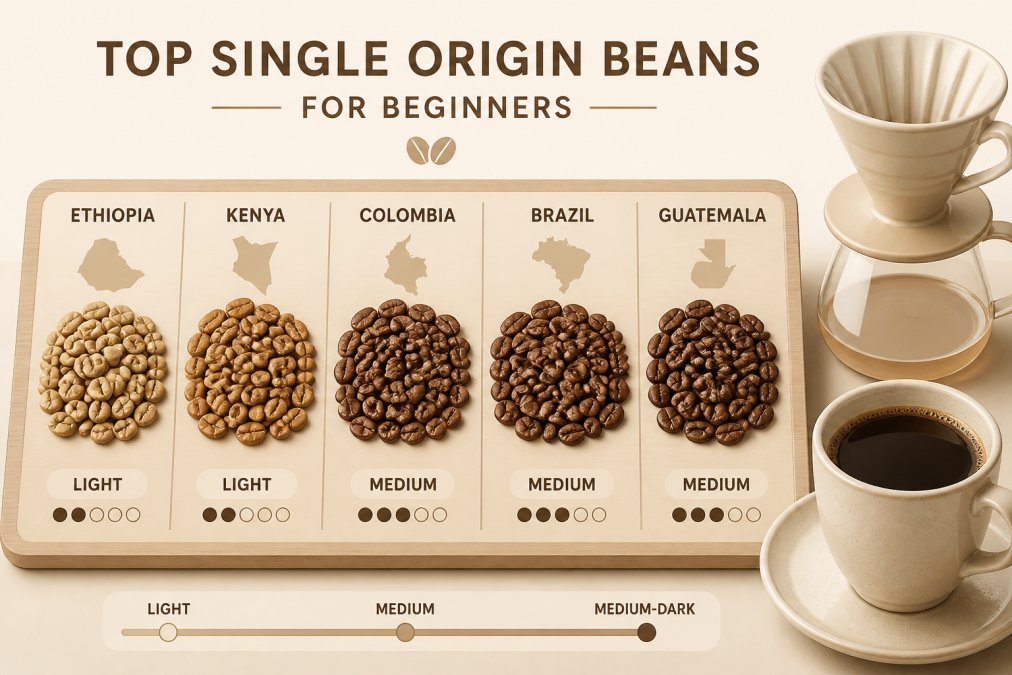 Close-up of freshly roasted single origin coffee beans from different origins displayed in separate piles showing color variation from light to medium roasts, with a ceramic pour-over dripper and fresh cup of brewed coffee beside them on them on a wooden surface