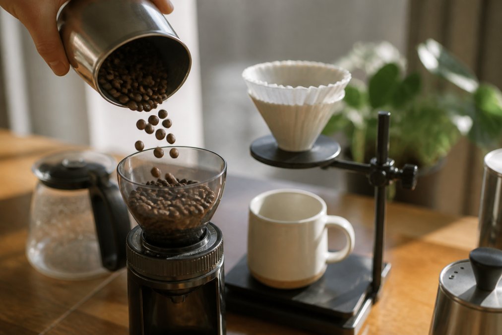Close-up of freshly roasted single origin coffee beans being poured into a burr grinder on a kitchen counter, with a pour-over dripper and ceramic mug nearby in natural morning light