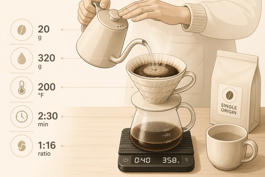 Hands pouring hot water from a gooseneck kettle over coffee grounds in a ceramic V60 dripper, with a digital scale and timer visible on a wooden table, steam rising from the dripper