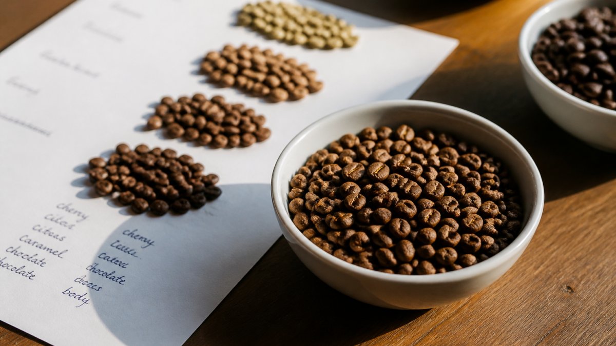 Close-up of freshly roasted single origin coffee beans in a white cupping bowl with tasting notes written on paper beside it, showing beans ranging from light to medium brown, natural sunlight highlighting the bean textures and colors