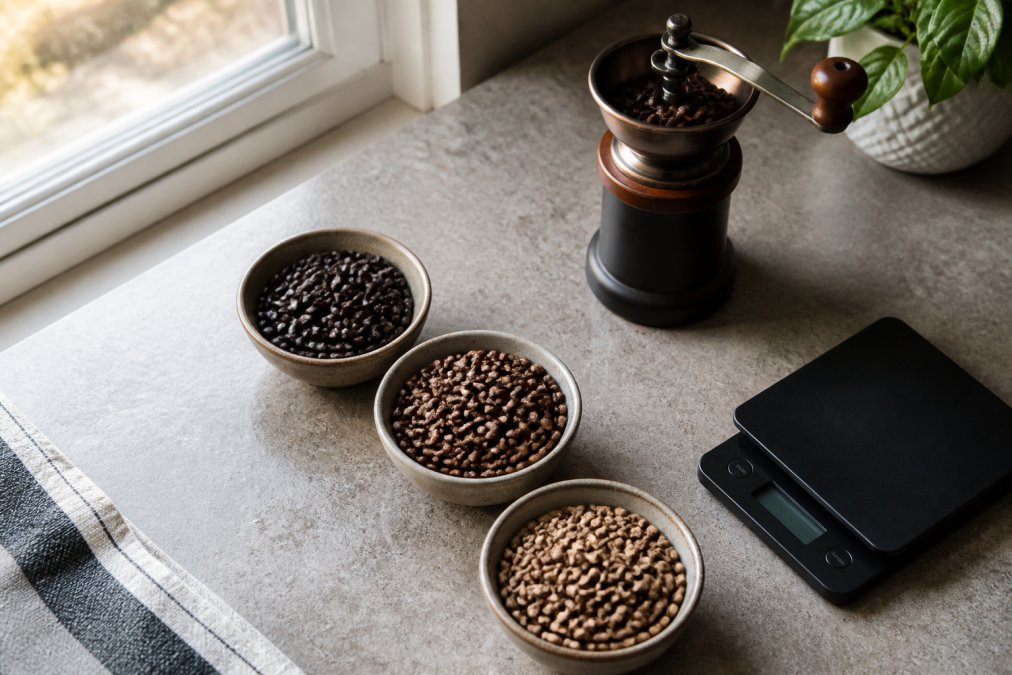 Overhead shot of a kitchen counter with three small bowls of whole coffee beans in different shades of roast, a hand grinder, and a digital scale, natural window light
