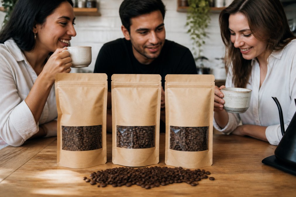 Three bags of specialty single origin coffee beans with visible roast dates and origin labels, arranged on a wooden surface with whole coffee beans scattered nearby in natural morning light