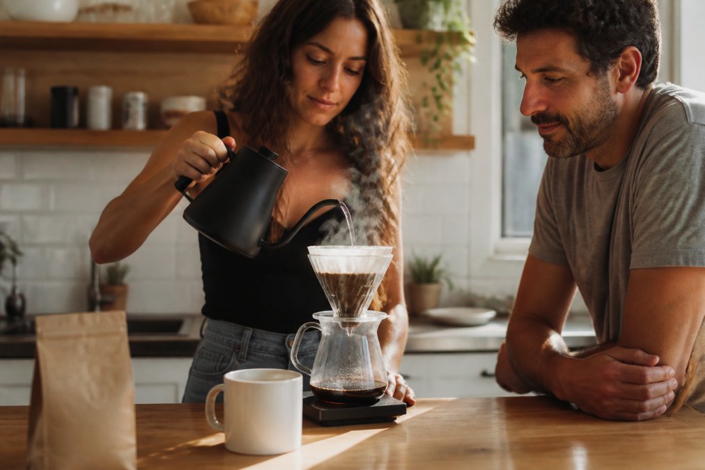 Hands pouring hot water over single origin coffee grounds in a pour-over dripper, with a white ceramic cup positioned below and steam rising from the setup in a bright kitchen