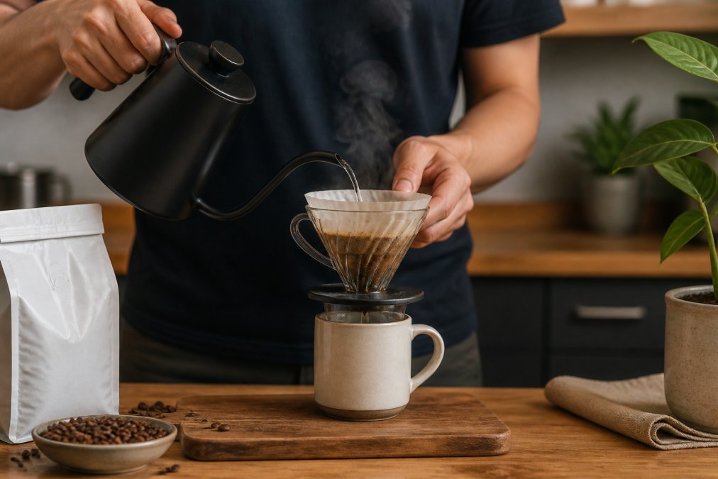Close-up of a person's hands pouring hot water in a slow spiral from a gooseneck kettle over a pour-over dripper filled with freshly ground coffee, steam rising gently, warm kitchen counter background with a ceramic mug positioned below the dripper