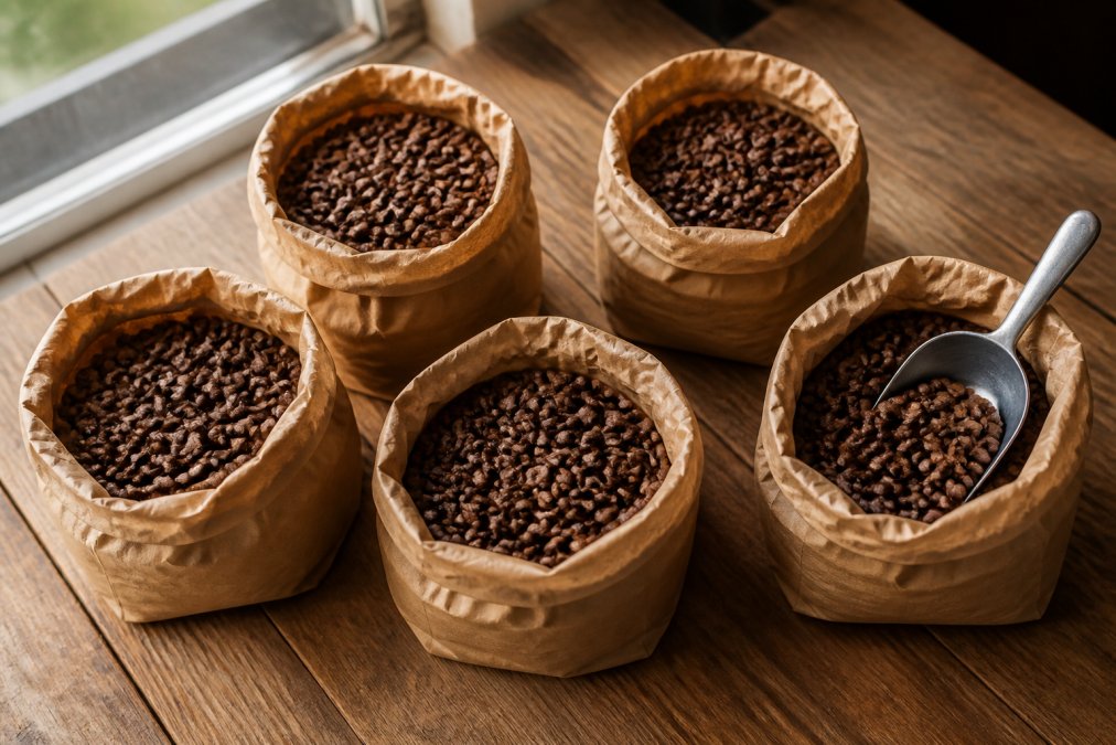 A flat lay of several open paper bags of roasted single origin coffee beans on a wooden kitchen table, with a metal scoop resting in one bag and soft natural light from a window