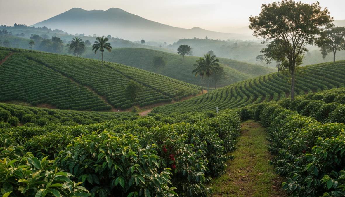 Lush, high-altitude coffee farm with rows of coffee plants on misty hillsides at sunrise, showcasing the terroir and landscape where specialty coffee grows