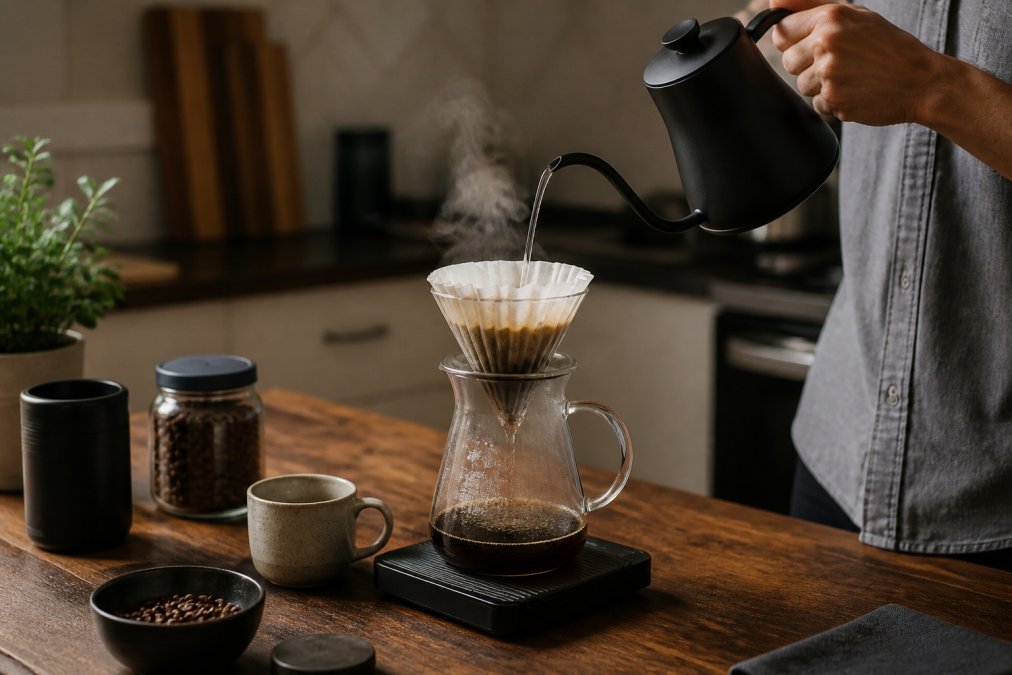 Pouring hot water over single origin coffee grounds in a dripper to brew a fresh cup at home