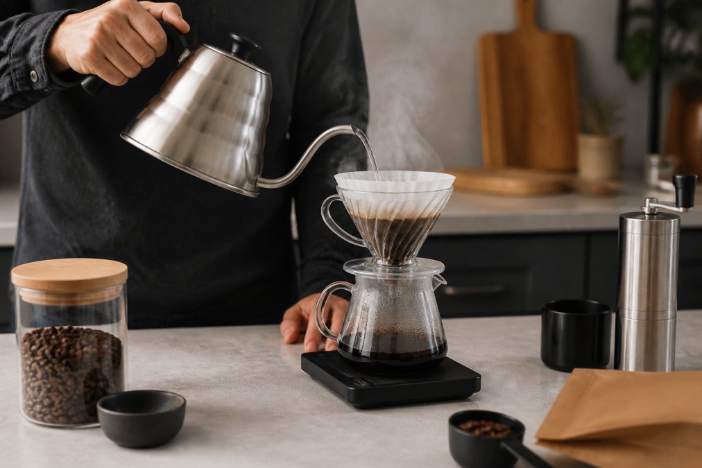 A person pouring hot water from a gooseneck kettle over a pour-over dripper to brew single origin coffee at home.