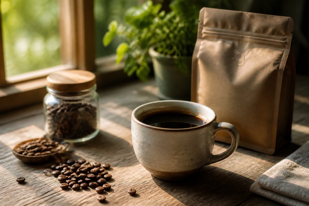 Infographic mapping flavor profiles of single origin coffee regions alongside a steaming cup and bean bag.