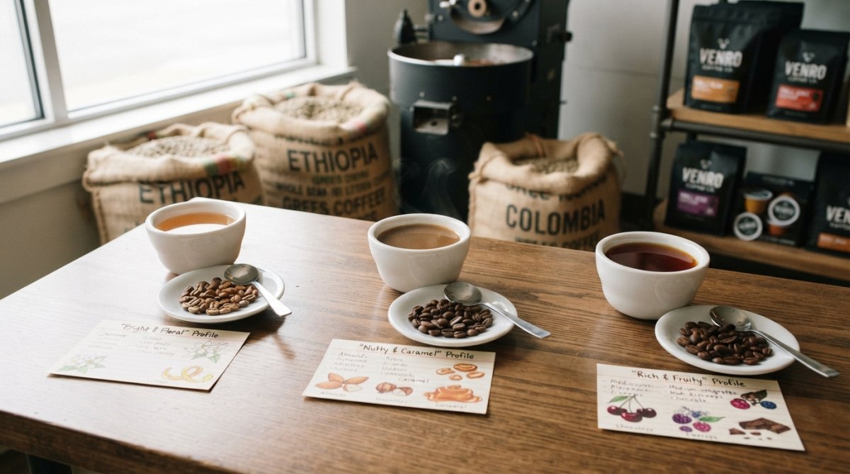 Close-up of freshly roasted coffee beans in various shades from light tan to dark brown, with a white porcelain cupping bowl and handwritten tasting notes card on a wooden surface