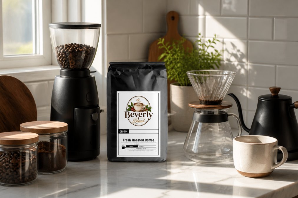 Home coffee setup showing whole bean bags, grinder, pour-over equipment, and storage containers on a kitchen counter with morning light