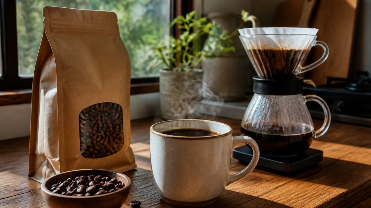 A steaming cup of freshly brewed black coffee on a wooden kitchen counter beside a bag of whole bean coffee and a pour-over dripper, morning light through a window