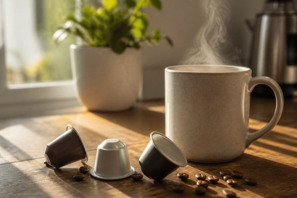 Close-up of premium coffee pods on a wooden kitchen counter with a steaming ceramic mug beside them, soft morning sunlight casting long shadows